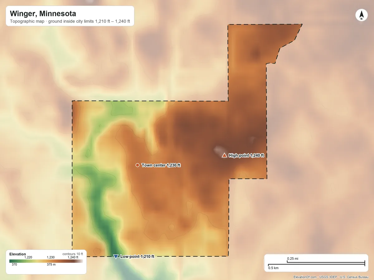 Topographic elevation map of Winger, Minnesota, shaded from 1,210 ft on the south side to 1,240 ft on the east side