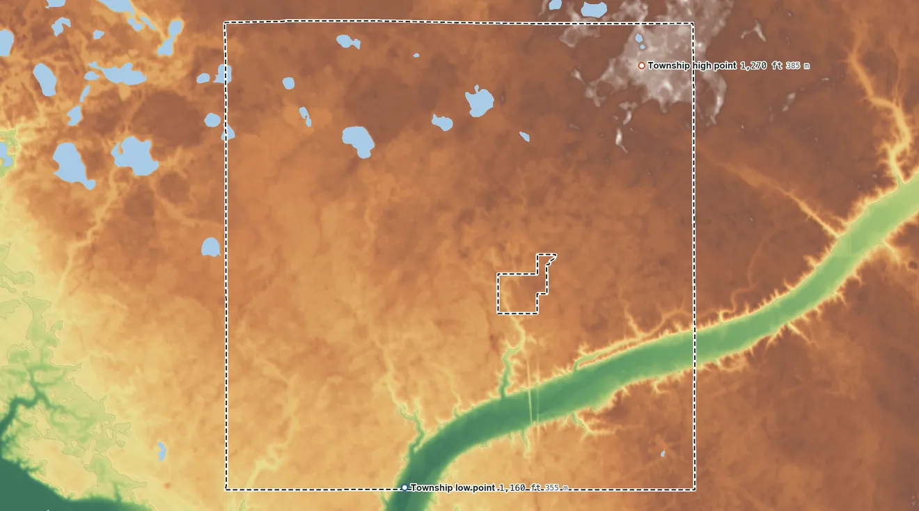 Topographic elevation map of Winger Township, Minnesota, shaded from 1,160 ft on the south side to 1,270 ft on the northeast side