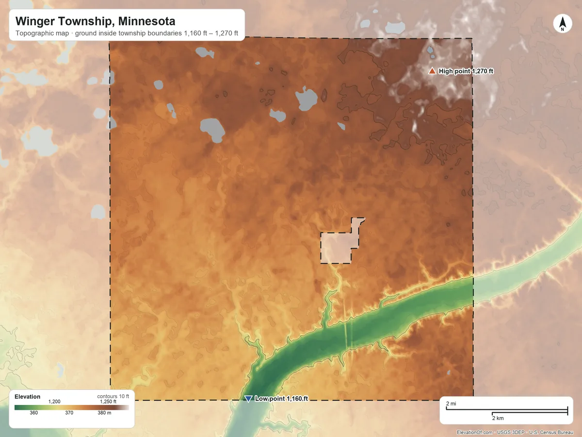 Topographic elevation map of Winger Township, Minnesota, shaded from 1,160 ft on the south side to 1,270 ft on the northeast side