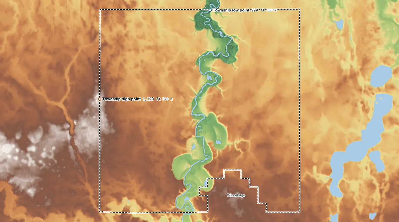 Topographic elevation map of Winnebago City Township, Minnesota, shaded from 990 ft on the north side to 1,120 ft on the west side