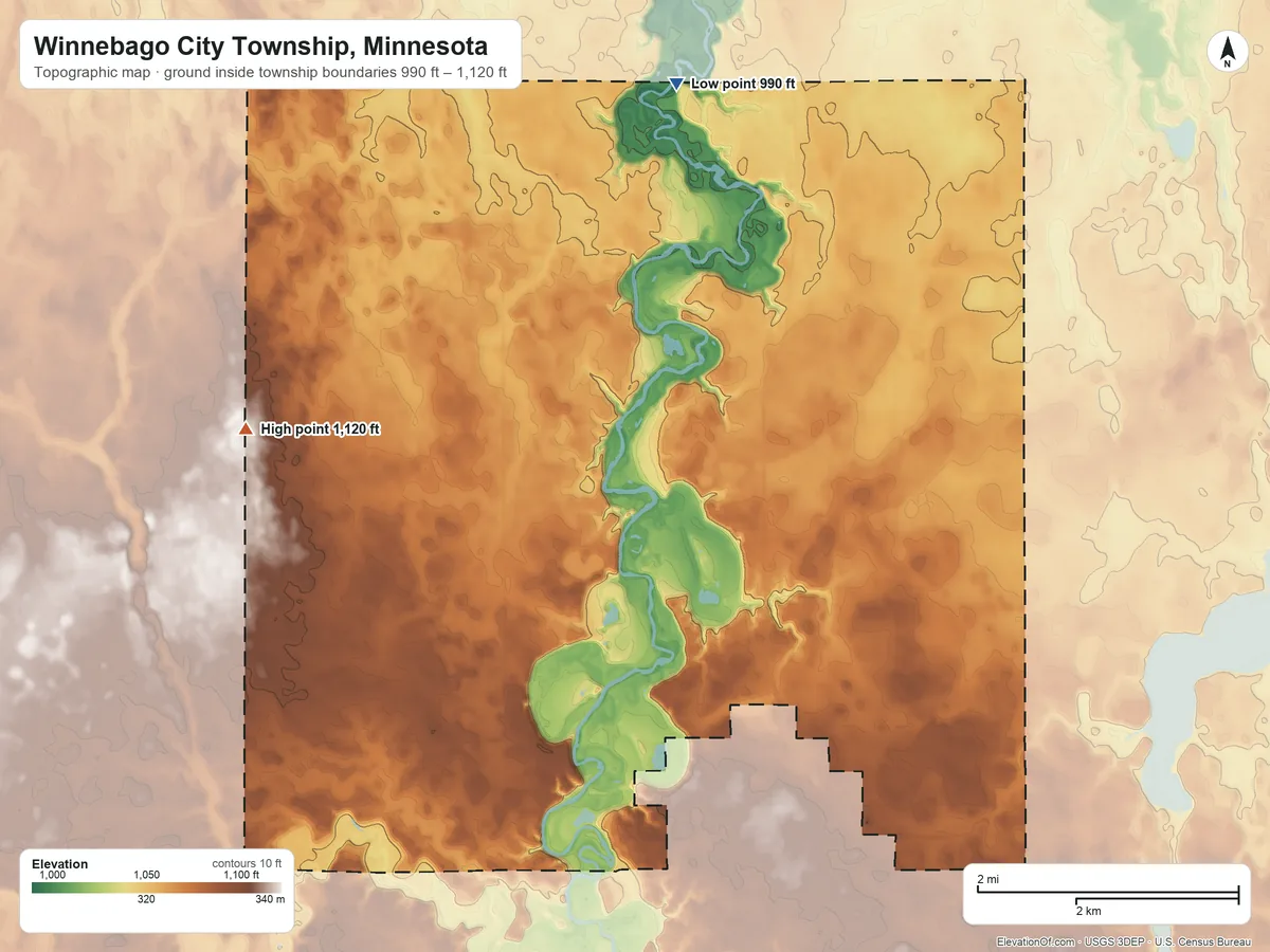 Topographic elevation map of Winnebago City Township, Minnesota, shaded from 990 ft on the north side to 1,120 ft on the west side
