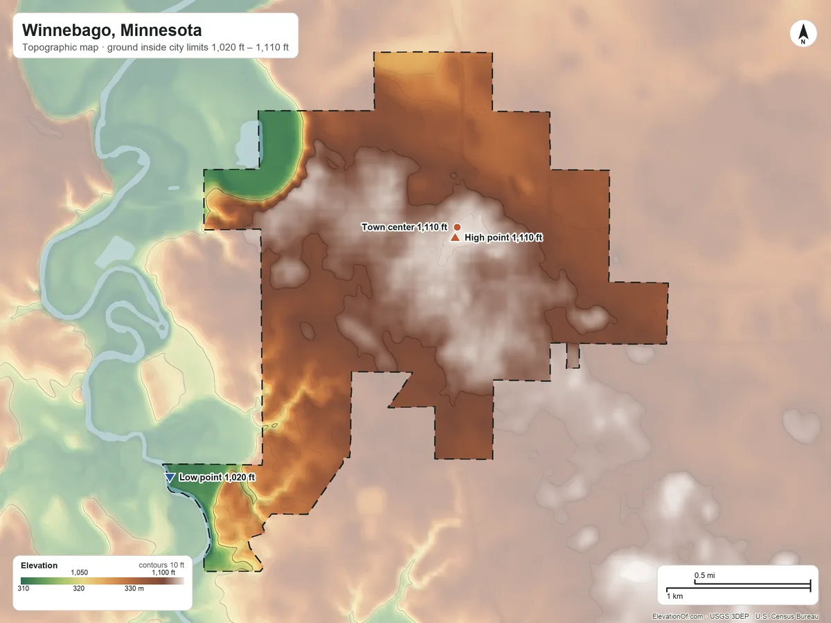 Topographic elevation map of Winnebago, Minnesota, shaded from 1,020 ft on the southwest side to 1,110 ft near the middle