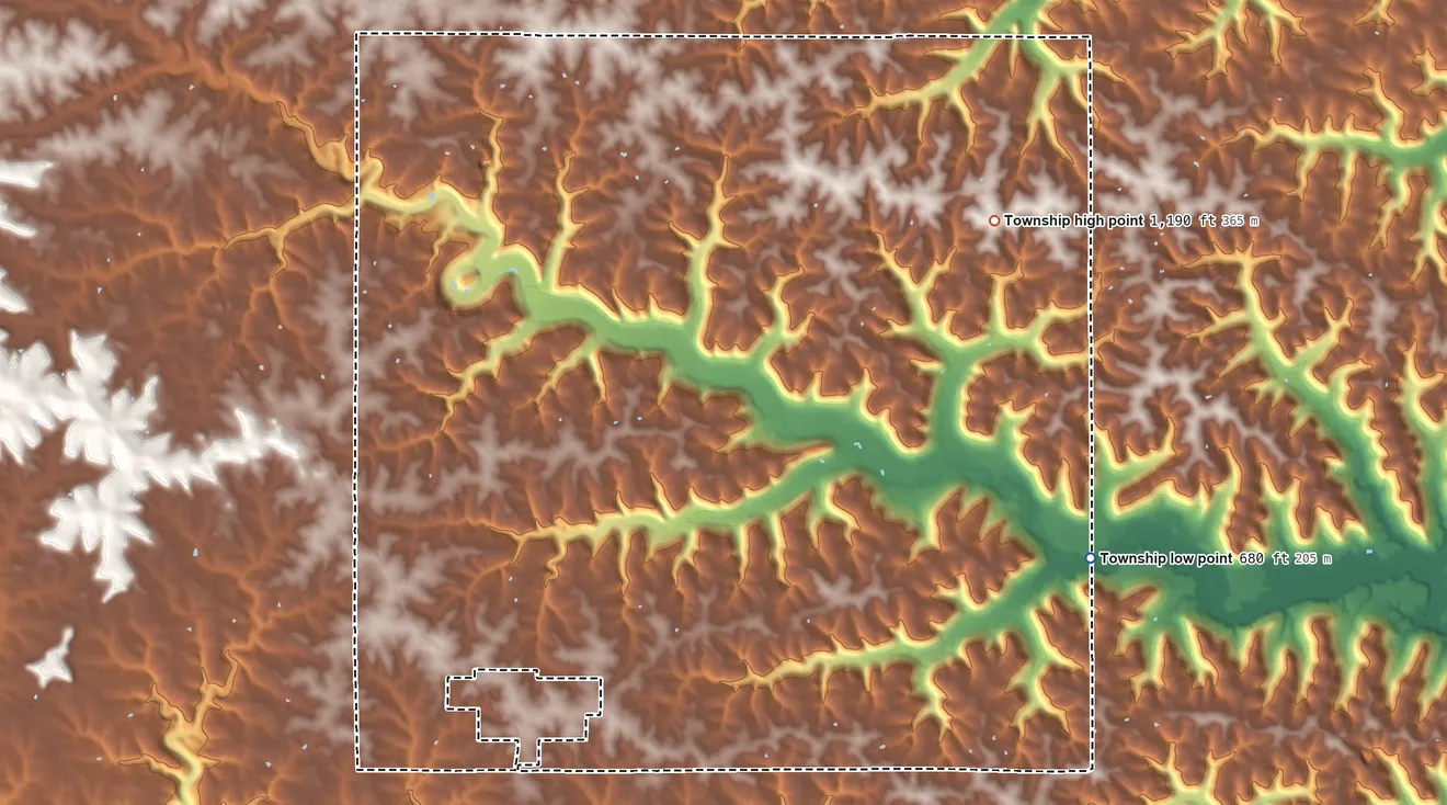 Topographic elevation map of Winnebago Township, Minnesota, shaded from 680 ft on the southeast side to 1,190 ft on the northeast side
