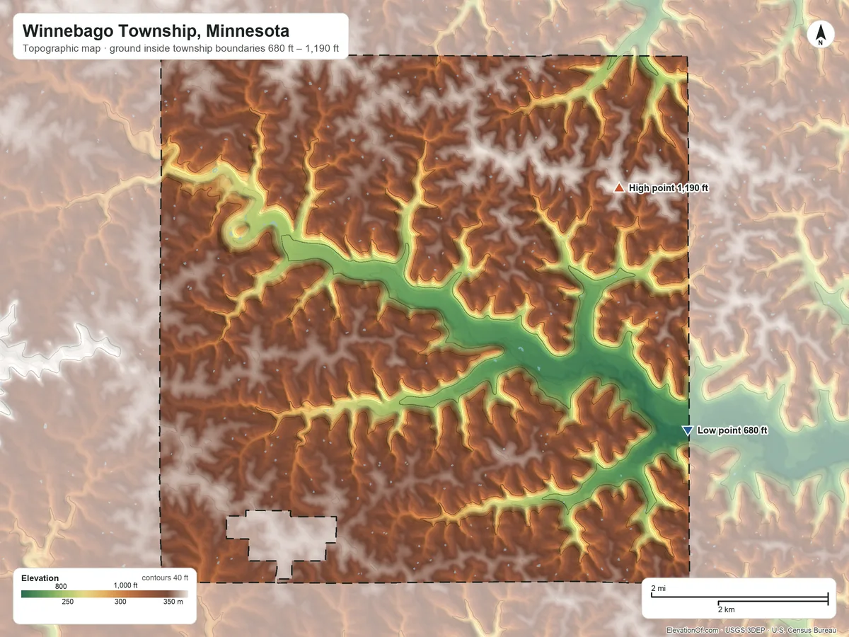 Topographic elevation map of Winnebago Township, Minnesota, shaded from 680 ft on the southeast side to 1,190 ft on the northeast side