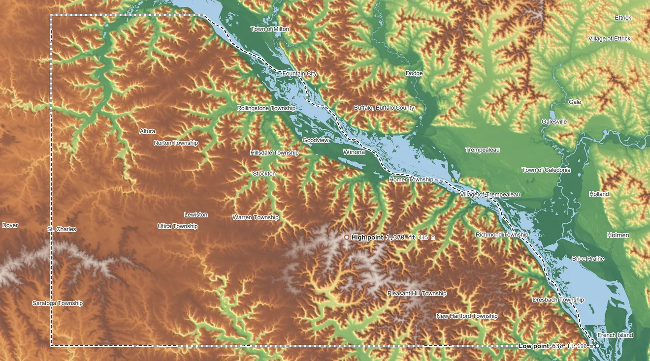 Topographic elevation map of Winona County, Minnesota, shaded from 630 ft on the southeast side to 1,370 ft near the middle