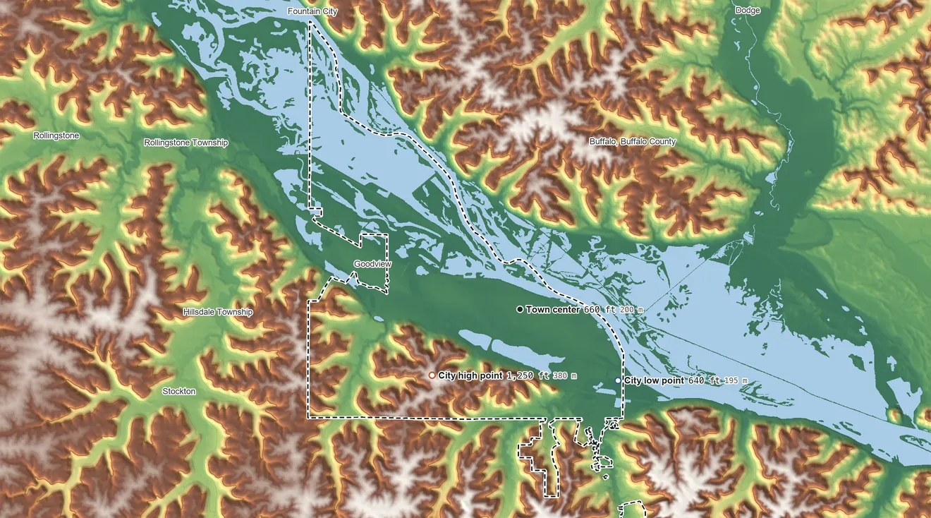 Topographic elevation map of Winona, Minnesota, shaded from 640 ft on the southeast side to 1,250 ft on the southwest side
