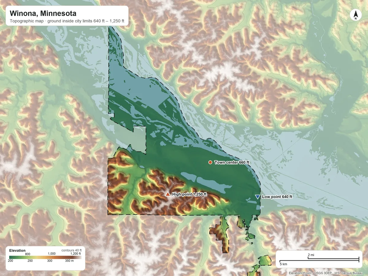 Topographic elevation map of Winona, Minnesota, shaded from 640 ft on the southeast side to 1,250 ft on the southwest side