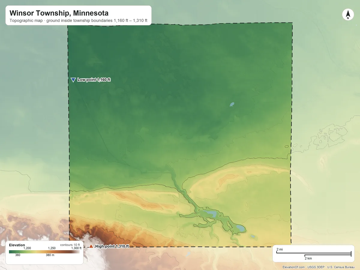 Topographic elevation map of Winsor Township, Minnesota, shaded from 1,160 ft on the northwest side to 1,310 ft on the southwest side
