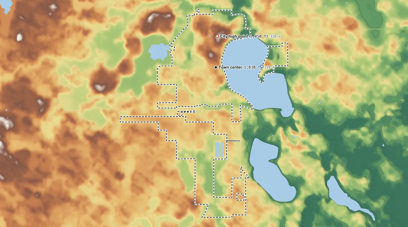 Topographic elevation map of Winsted, Minnesota, shaded from 990 ft on the east side to 1,050 ft on the north side