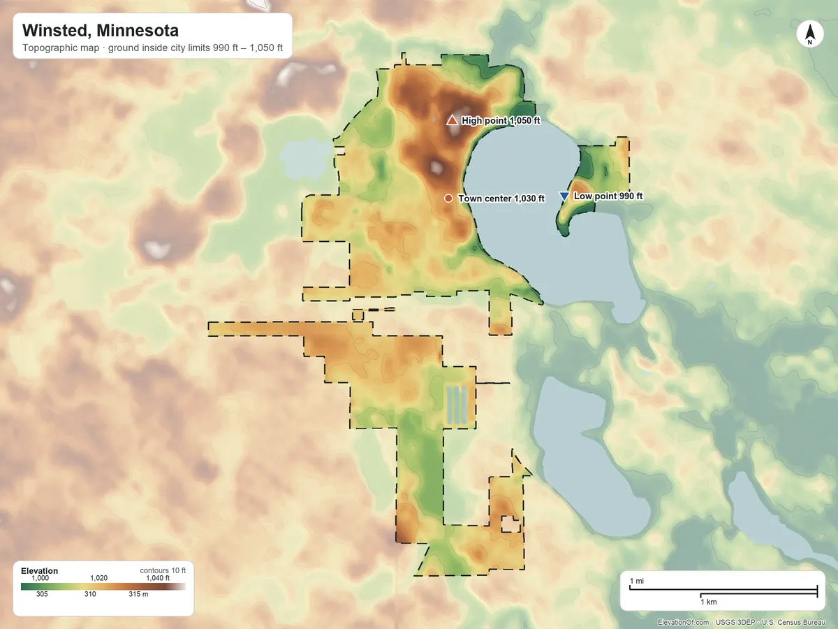 Topographic elevation map of Winsted, Minnesota, shaded from 990 ft on the east side to 1,050 ft on the north side