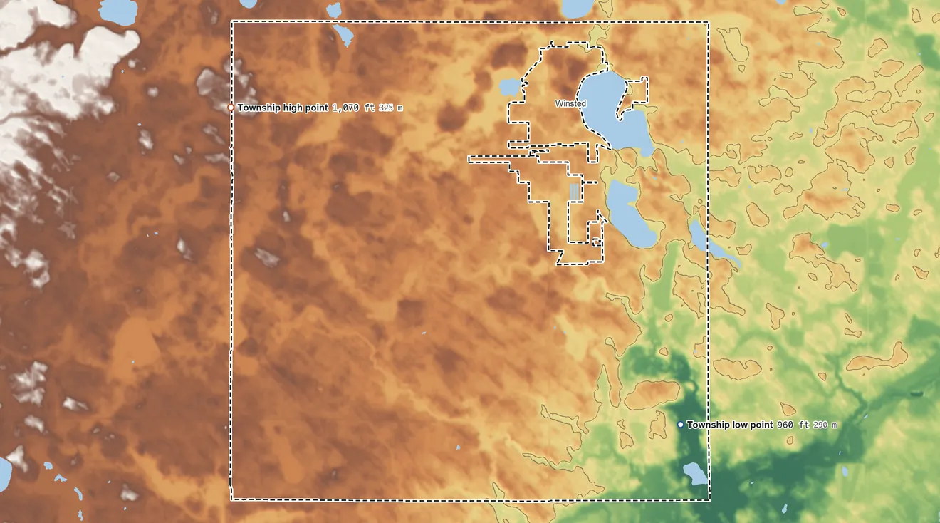 Topographic elevation map of Winsted Township, Minnesota, shaded from 960 ft on the southeast side to 1,070 ft on the northwest side