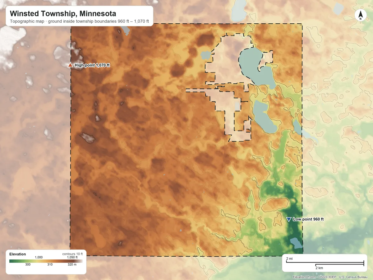 Topographic elevation map of Winsted Township, Minnesota, shaded from 960 ft on the southeast side to 1,070 ft on the northwest side