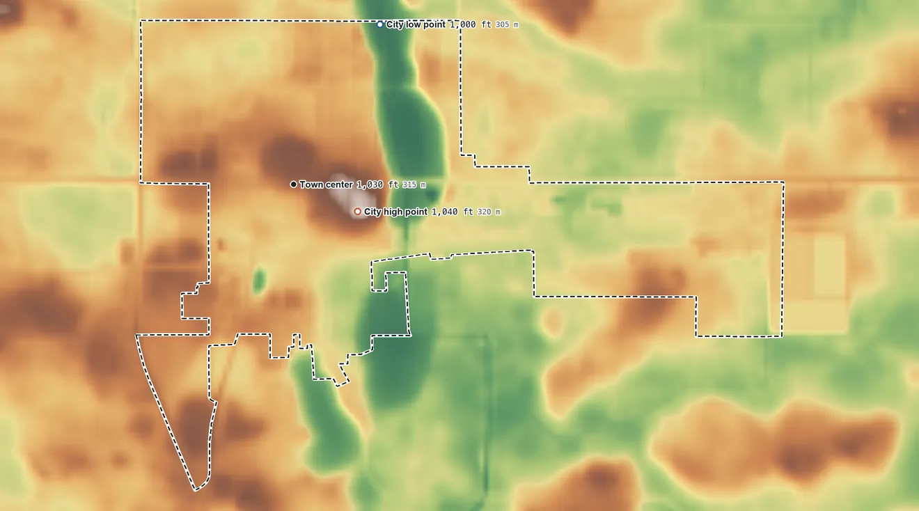 Topographic elevation map of Winthrop, Minnesota, shaded from 1,000 ft on the northeast side to 1,040 ft near the middle