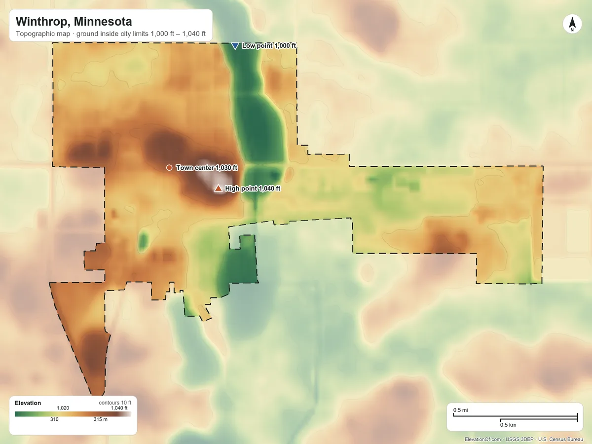 Topographic elevation map of Winthrop, Minnesota, shaded from 1,000 ft on the northeast side to 1,040 ft near the middle