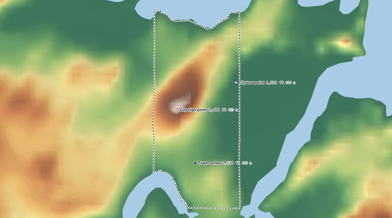 Topographic elevation map of Winton, Minnesota, shaded from 1,320 ft on the northeast side to 1,400 ft on the north side