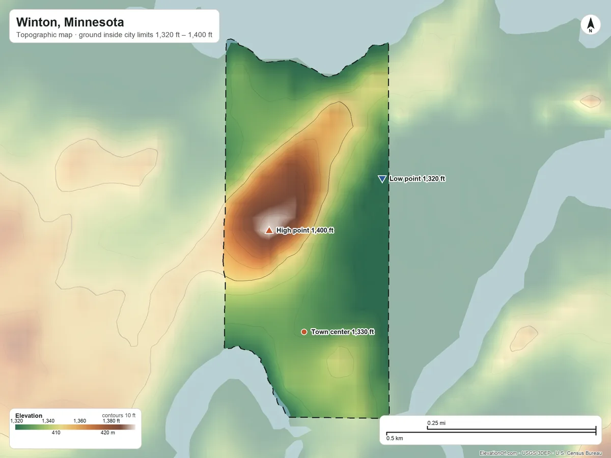 Topographic elevation map of Winton, Minnesota, shaded from 1,320 ft on the northeast side to 1,400 ft on the north side
