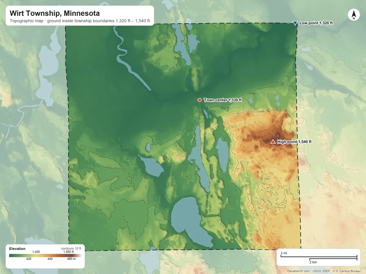 Topographic elevation map of Wirt Township, Minnesota, shaded from 1,320 ft on the northeast side to 1,540 ft on the southeast side