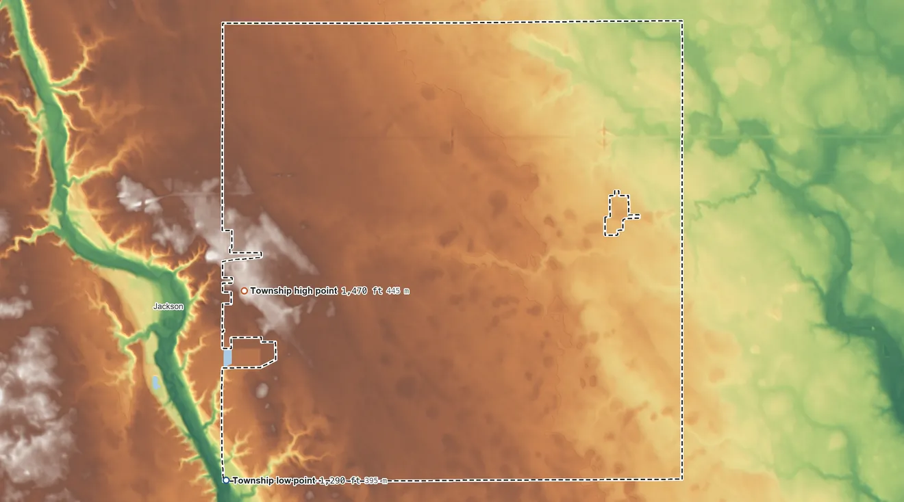 Topographic elevation map of Wisconsin Township, Minnesota, shaded from 1,290 ft on the southwest side to 1,470 ft on the west side
