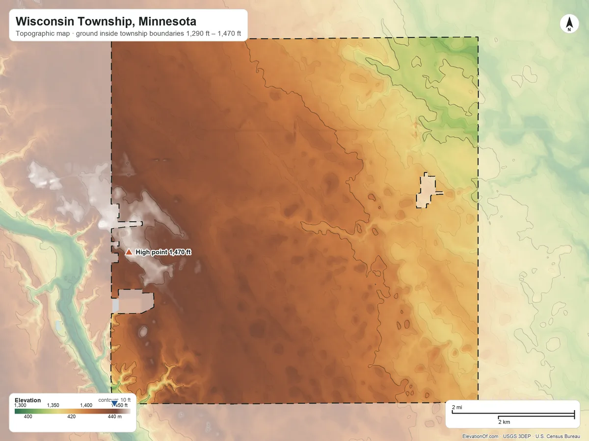 Topographic elevation map of Wisconsin Township, Minnesota, shaded from 1,290 ft on the southwest side to 1,470 ft on the west side