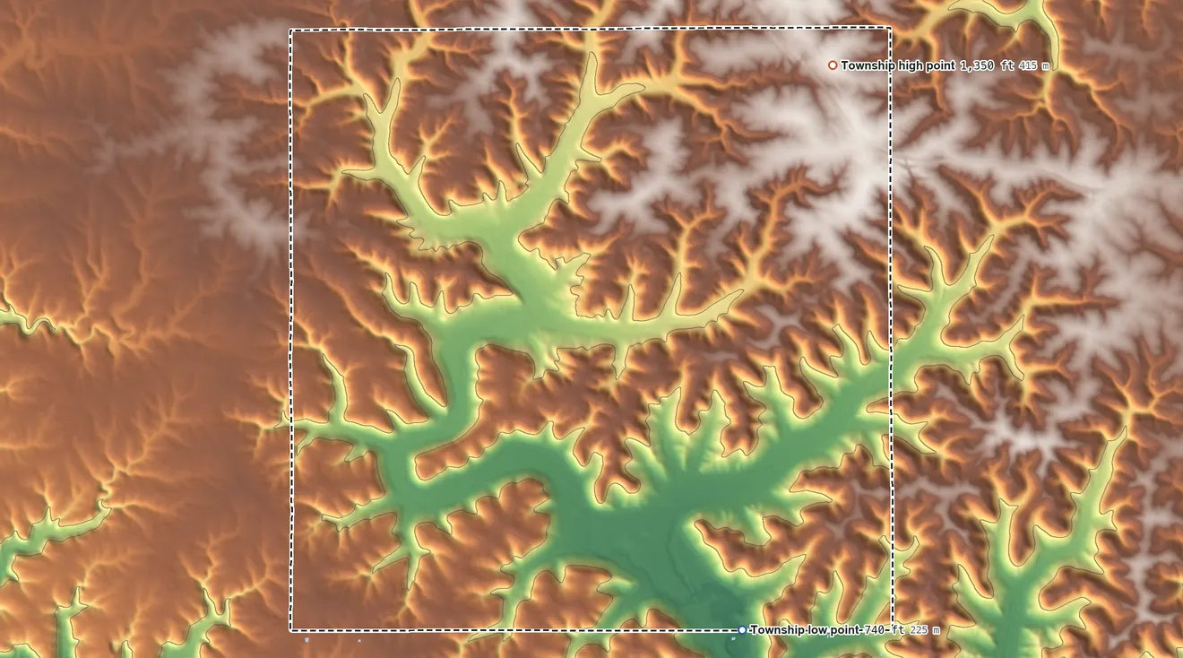 Topographic elevation map of Wiscoy Township, Minnesota, shaded from 740 ft on the south side to 1,350 ft on the northeast side