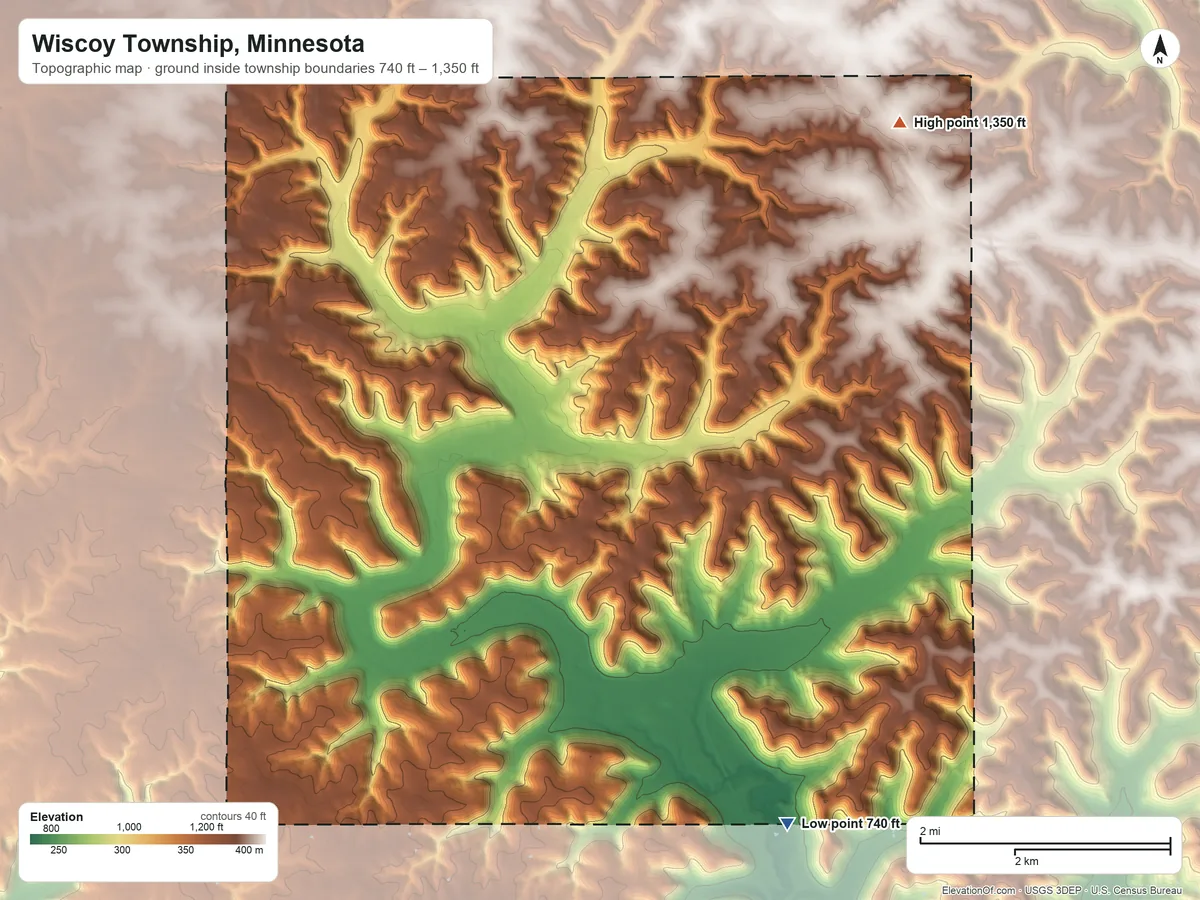 Topographic elevation map of Wiscoy Township, Minnesota, shaded from 740 ft on the south side to 1,350 ft on the northeast side