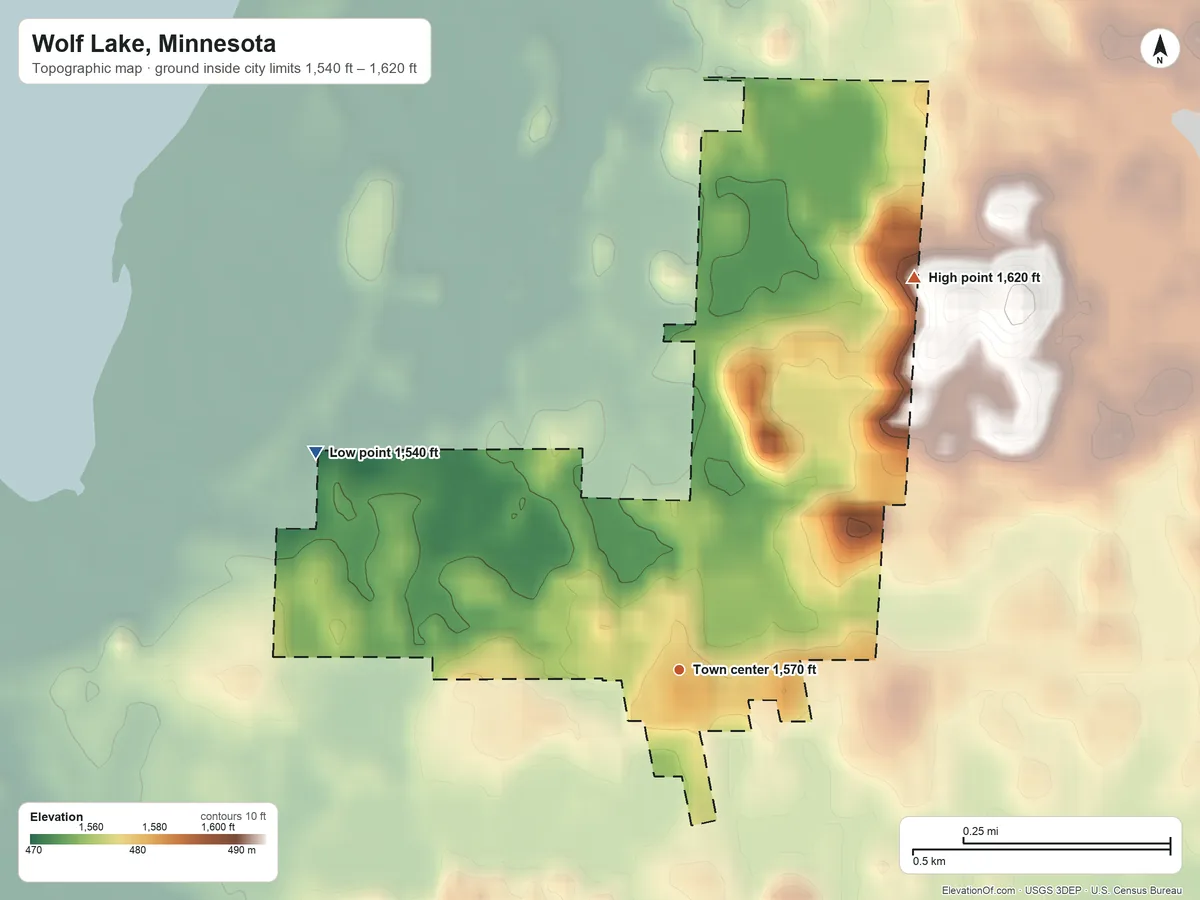 Topographic elevation map of Wolf Lake, Minnesota, shaded from 1,540 ft on the northwest side to 1,620 ft on the northeast side