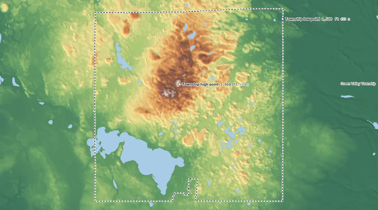 Topographic elevation map of Wolf Lake Township, Minnesota, shaded from 1,500 ft on the northeast side to 1,860 ft on the north side
