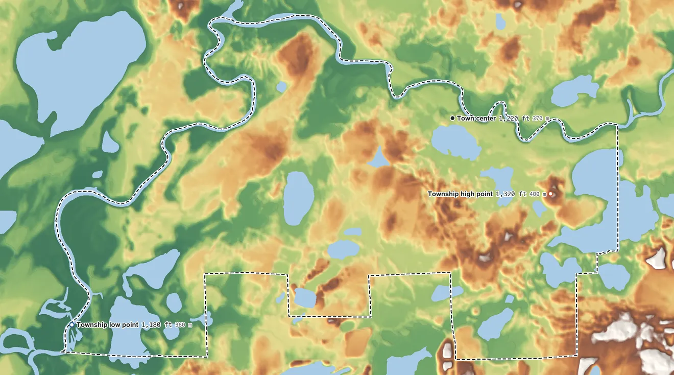 Topographic elevation map of Wolford Township, Minnesota, shaded from 1,180 ft on the southwest side to 1,320 ft on the southeast side