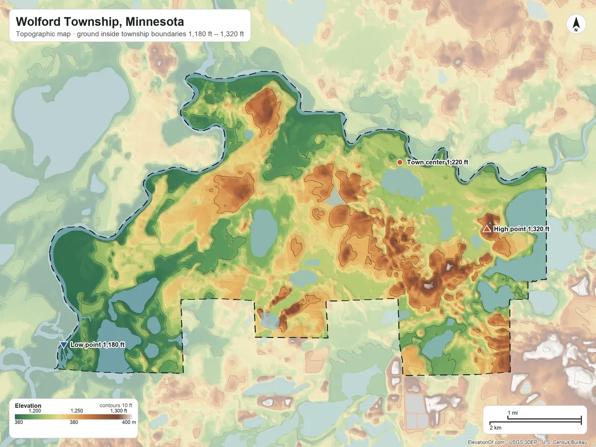 Topographic elevation map of Wolford Township, Minnesota, shaded from 1,180 ft on the southwest side to 1,320 ft on the southeast side