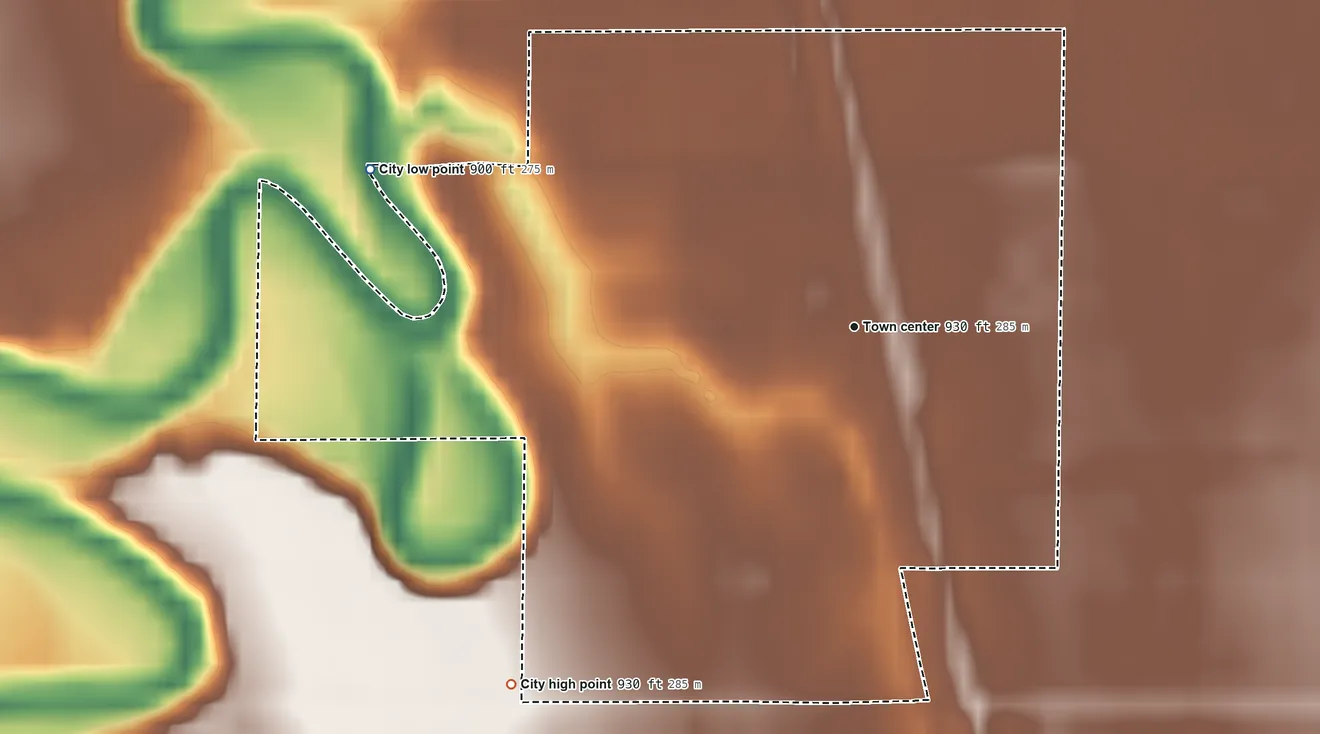 Topographic elevation map of Wolverton, Minnesota, shaded from 900 ft on the west side to 930 ft on the southwest side