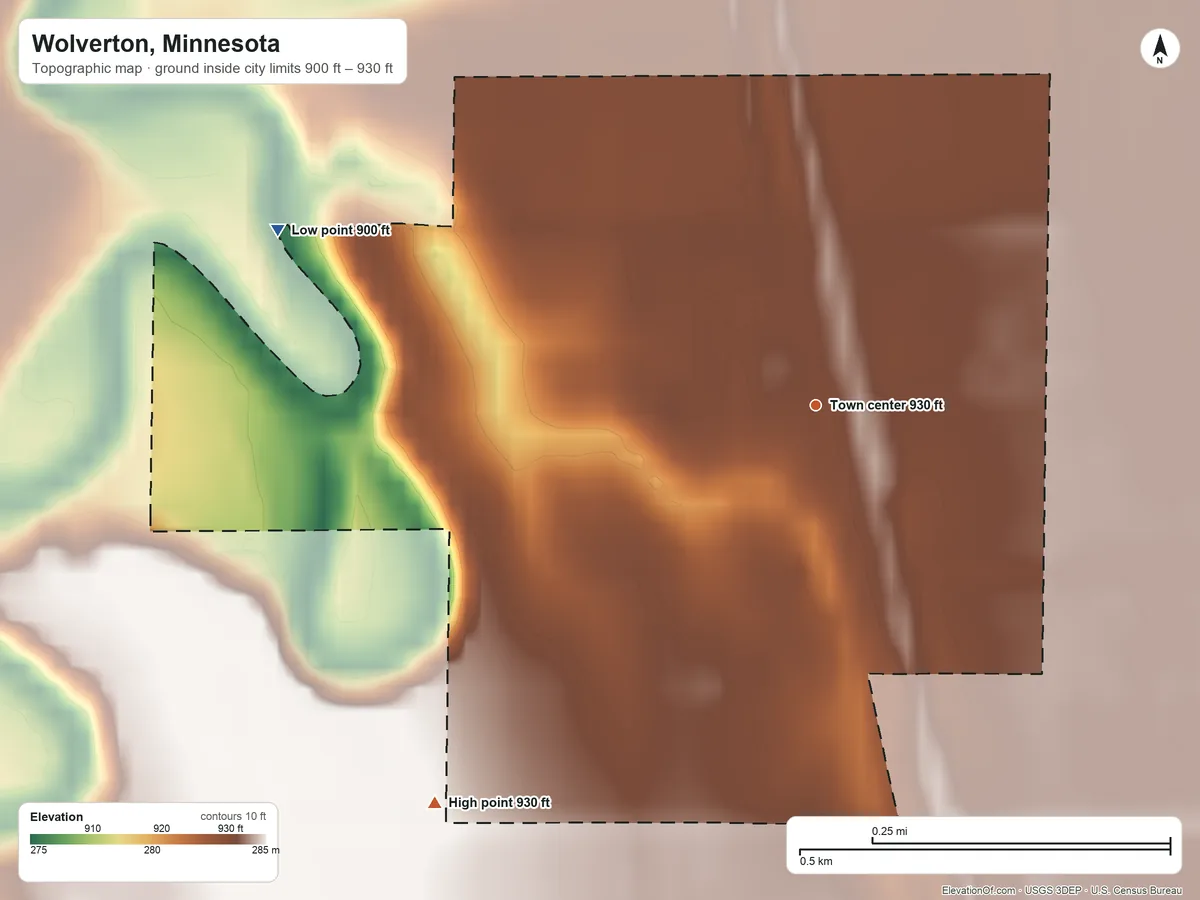 Topographic elevation map of Wolverton, Minnesota, shaded from 900 ft on the west side to 930 ft on the southwest side