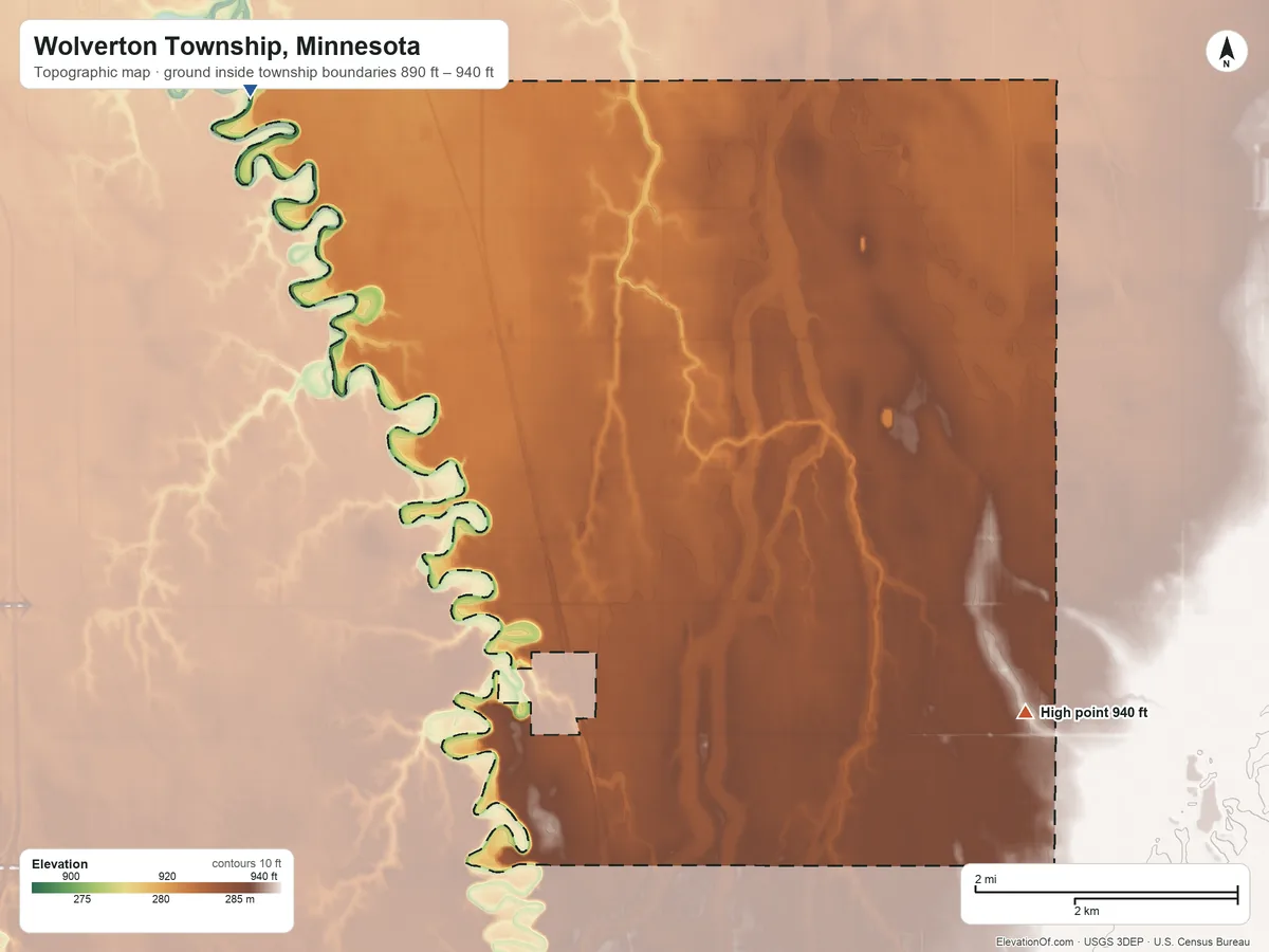 Topographic elevation map of Wolverton Township, Minnesota, shaded from 890 ft on the northwest side to 940 ft on the southeast side