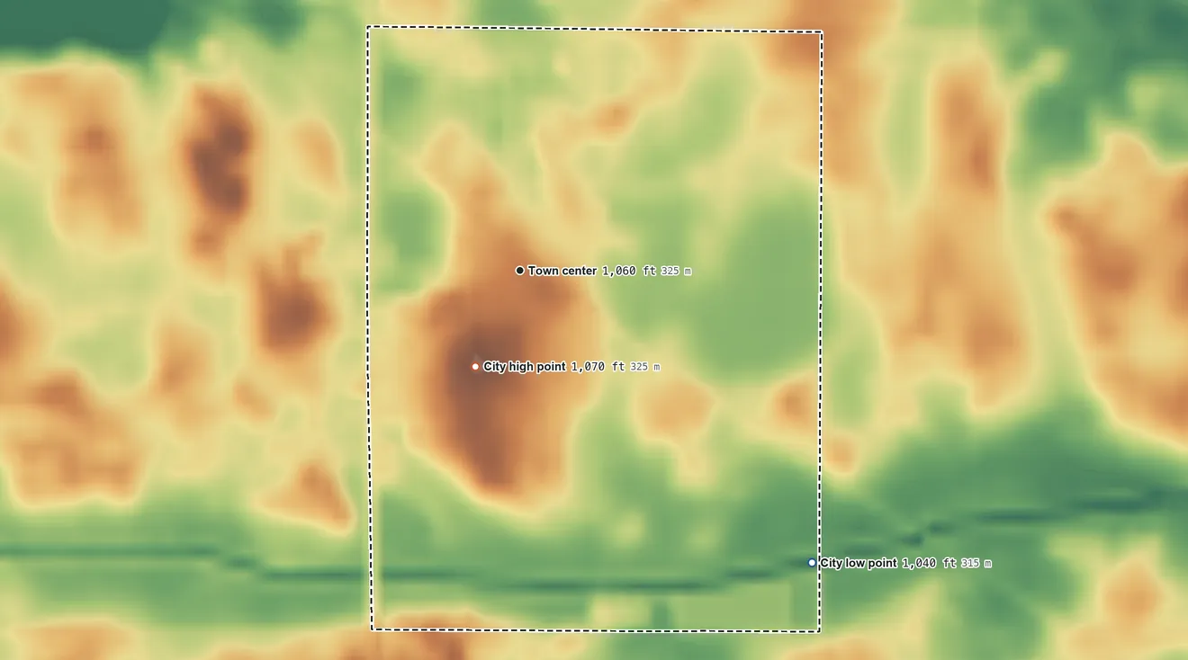 Topographic elevation map of Wood Lake, Minnesota, shaded from 1,040 ft on the southeast side to 1,070 ft on the southwest side