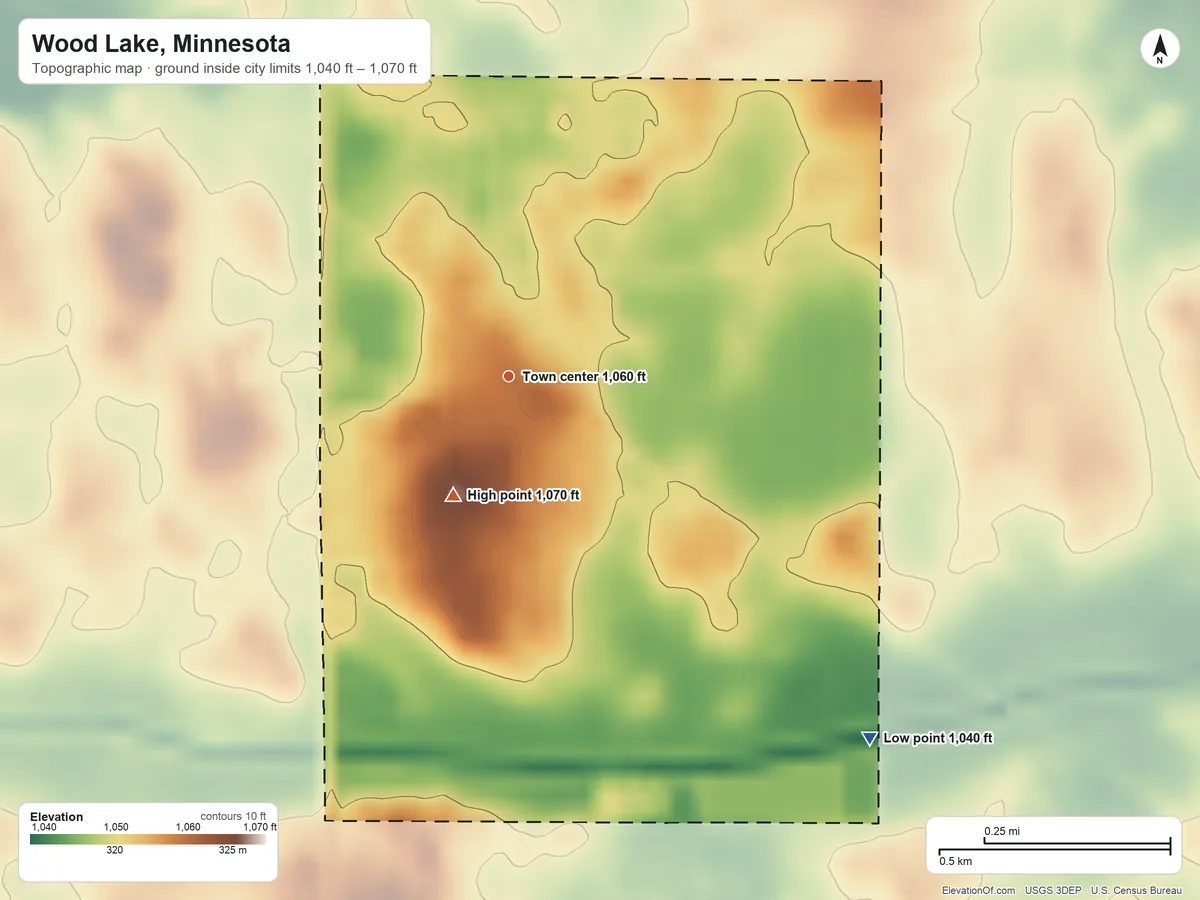 Topographic elevation map of Wood Lake, Minnesota, shaded from 1,040 ft on the southeast side to 1,070 ft on the southwest side
