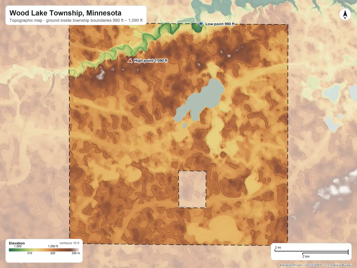 Topographic elevation map of Wood Lake Township, Minnesota, shaded from 990 ft on the north side to 1,090 ft on the north side