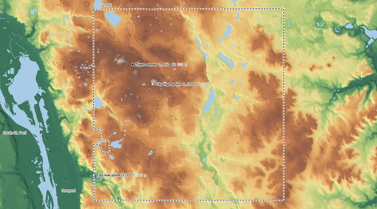 Topographic elevation map of Woodbury, Minnesota, shaded from 810 ft on the south side to 1,100 ft on the southeast side