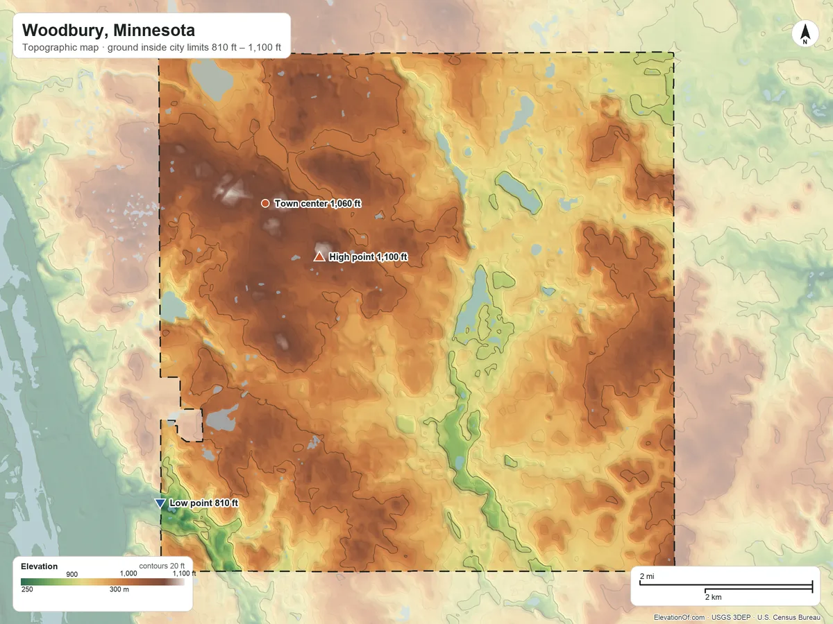 Topographic elevation map of Woodbury, Minnesota, shaded from 810 ft on the south side to 1,100 ft on the southeast side