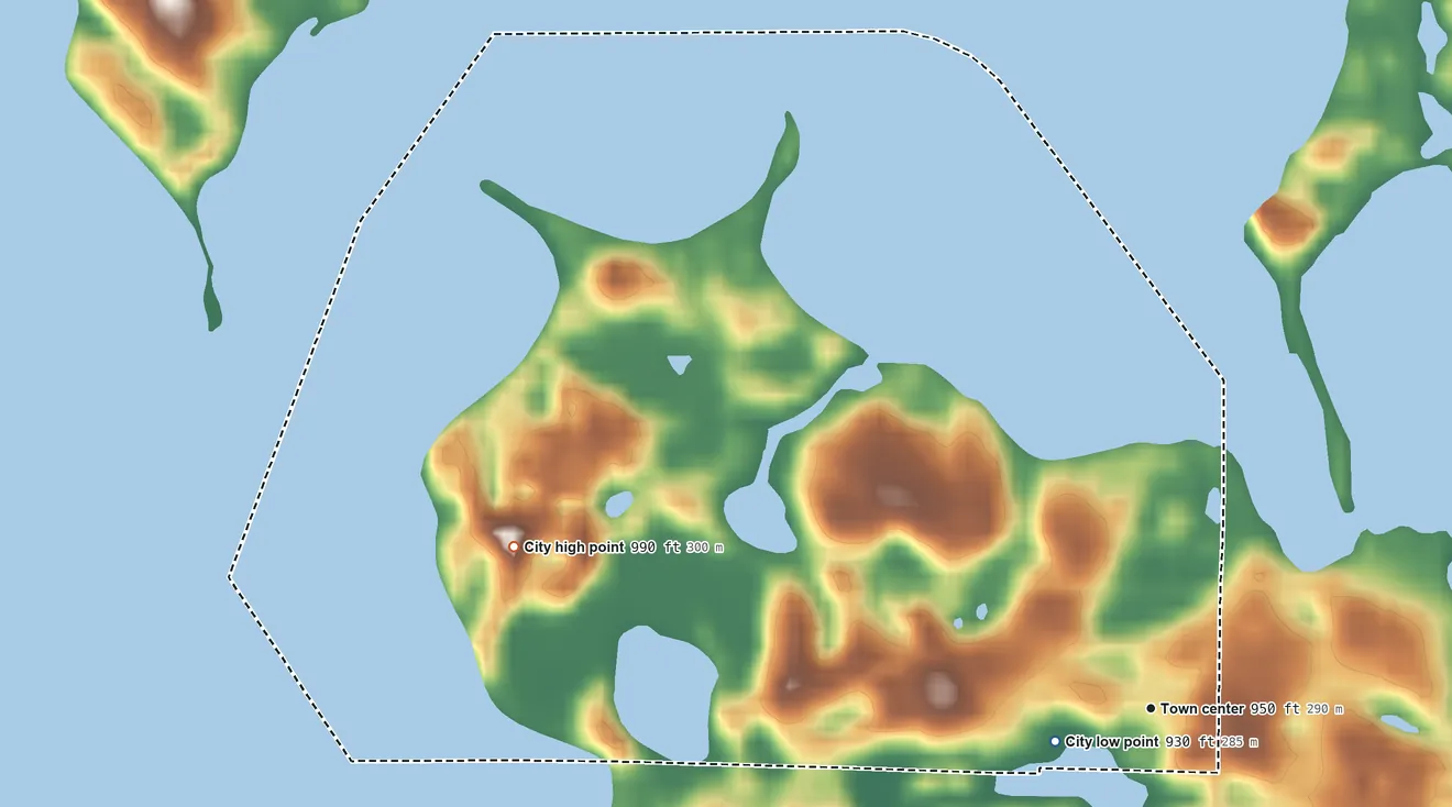 Topographic elevation map of Woodland, Minnesota, shaded from 930 ft near the middle to 990 ft on the west side