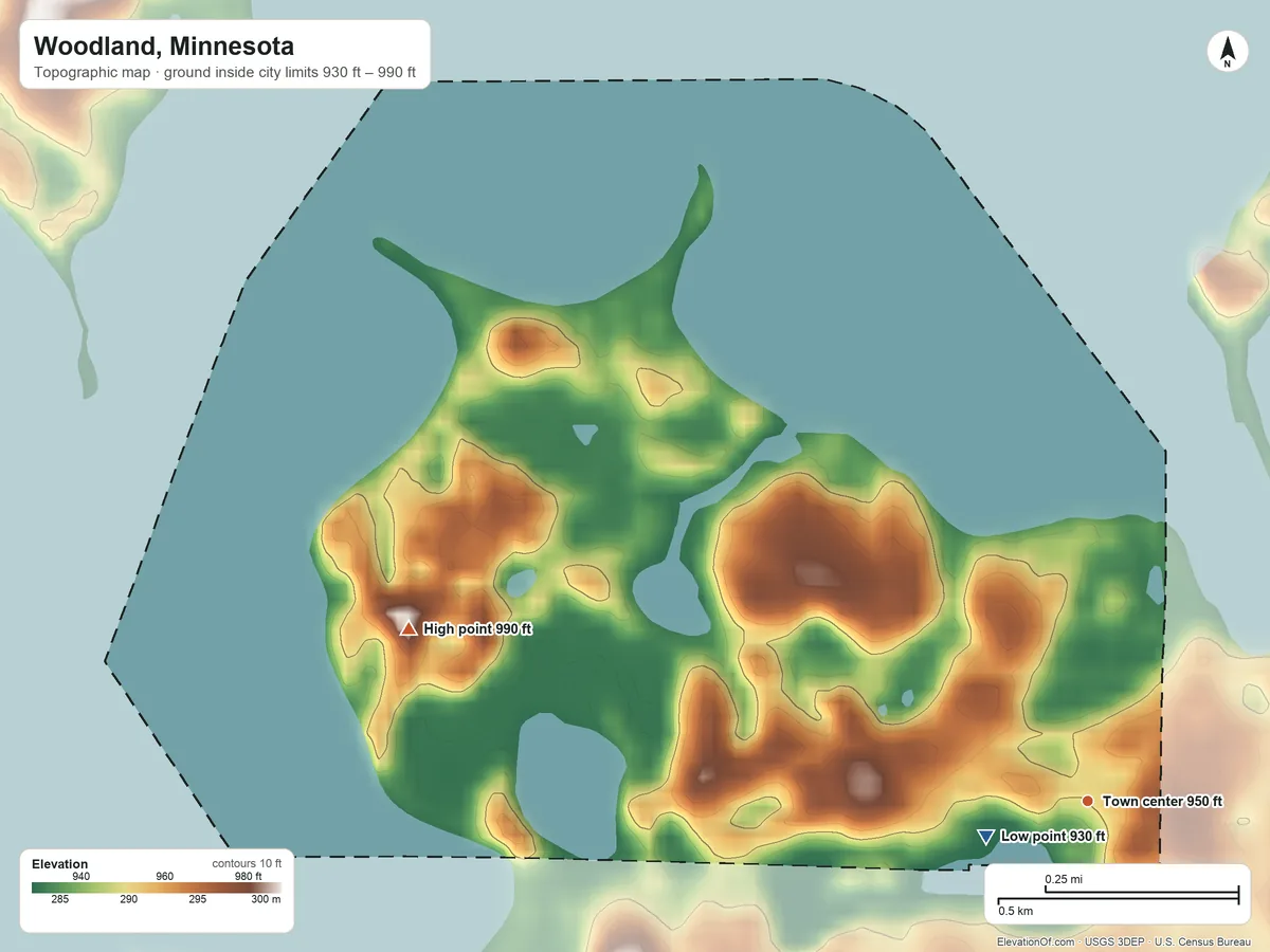 Topographic elevation map of Woodland, Minnesota, shaded from 930 ft near the middle to 990 ft on the west side
