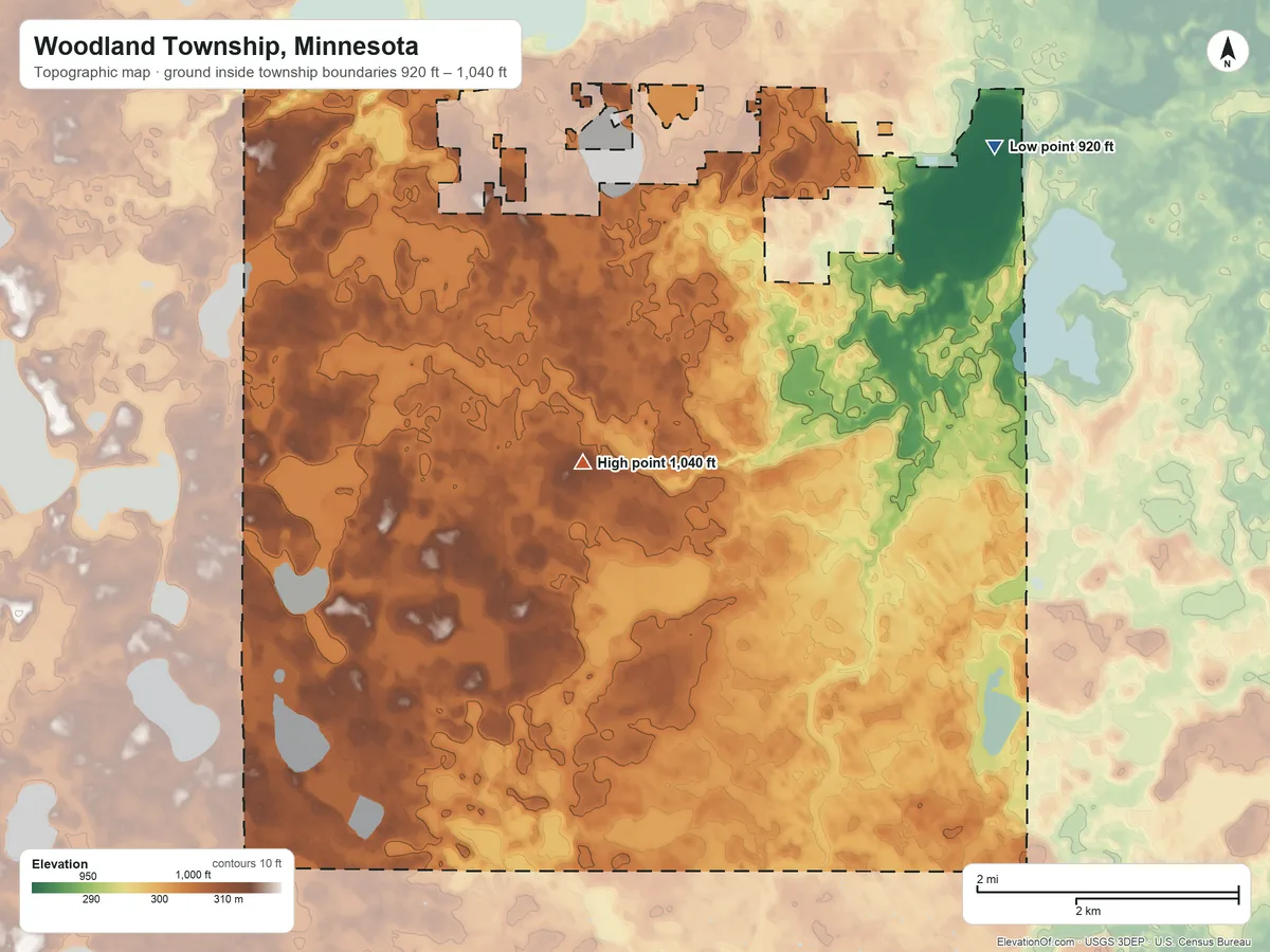 Topographic elevation map of Woodland Township, Minnesota, shaded from 920 ft on the northeast side to 1,040 ft on the northwest side