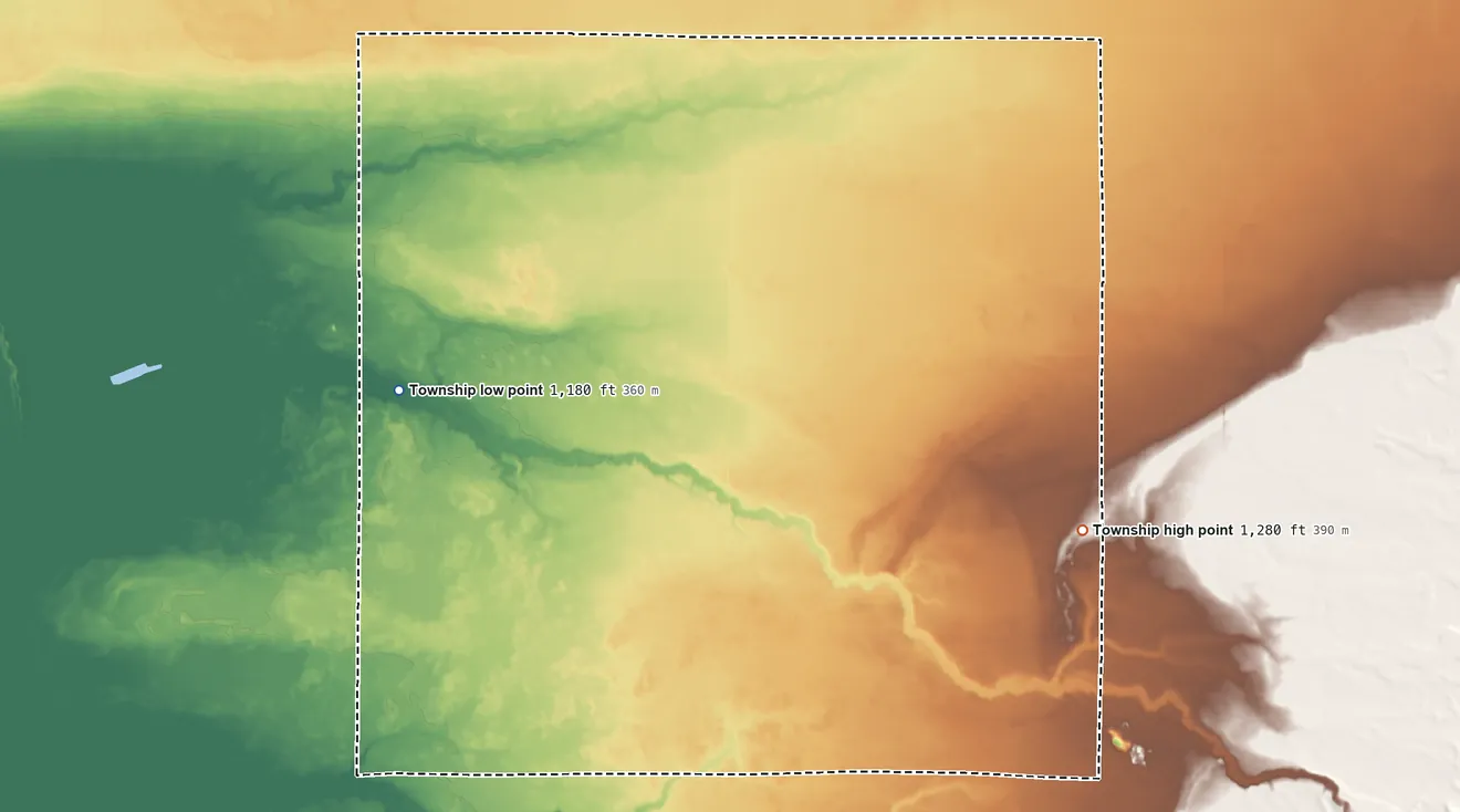 Topographic elevation map of Woodrow Township, Beltrami County, Minnesota, shaded from 1,180 ft on the northwest side to 1,280 ft on the east side