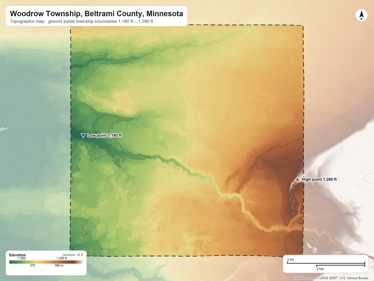 Topographic elevation map of Woodrow Township, Beltrami County, Minnesota, shaded from 1,180 ft on the northwest side to 1,280 ft on the east side