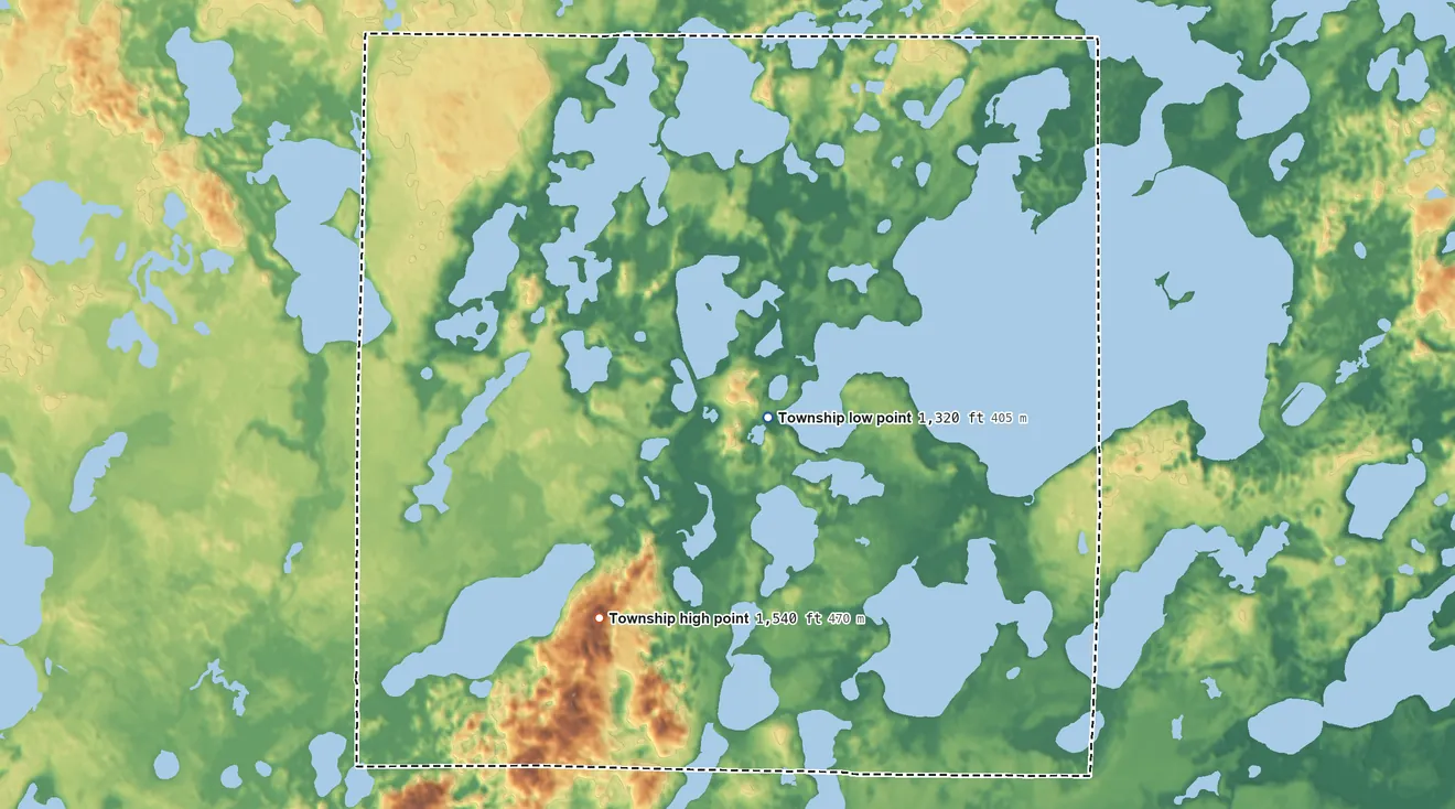 Topographic elevation map of Woodrow Township, Minnesota, shaded from 1,320 ft near the middle to 1,540 ft on the southwest side