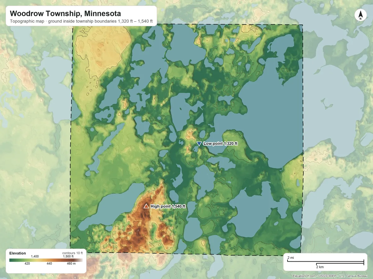Topographic elevation map of Woodrow Township, Minnesota, shaded from 1,320 ft near the middle to 1,540 ft on the southwest side