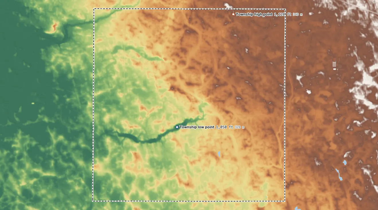Topographic elevation map of Woods Township, Minnesota, shaded from 1,050 ft near the middle to 1,120 ft on the north side