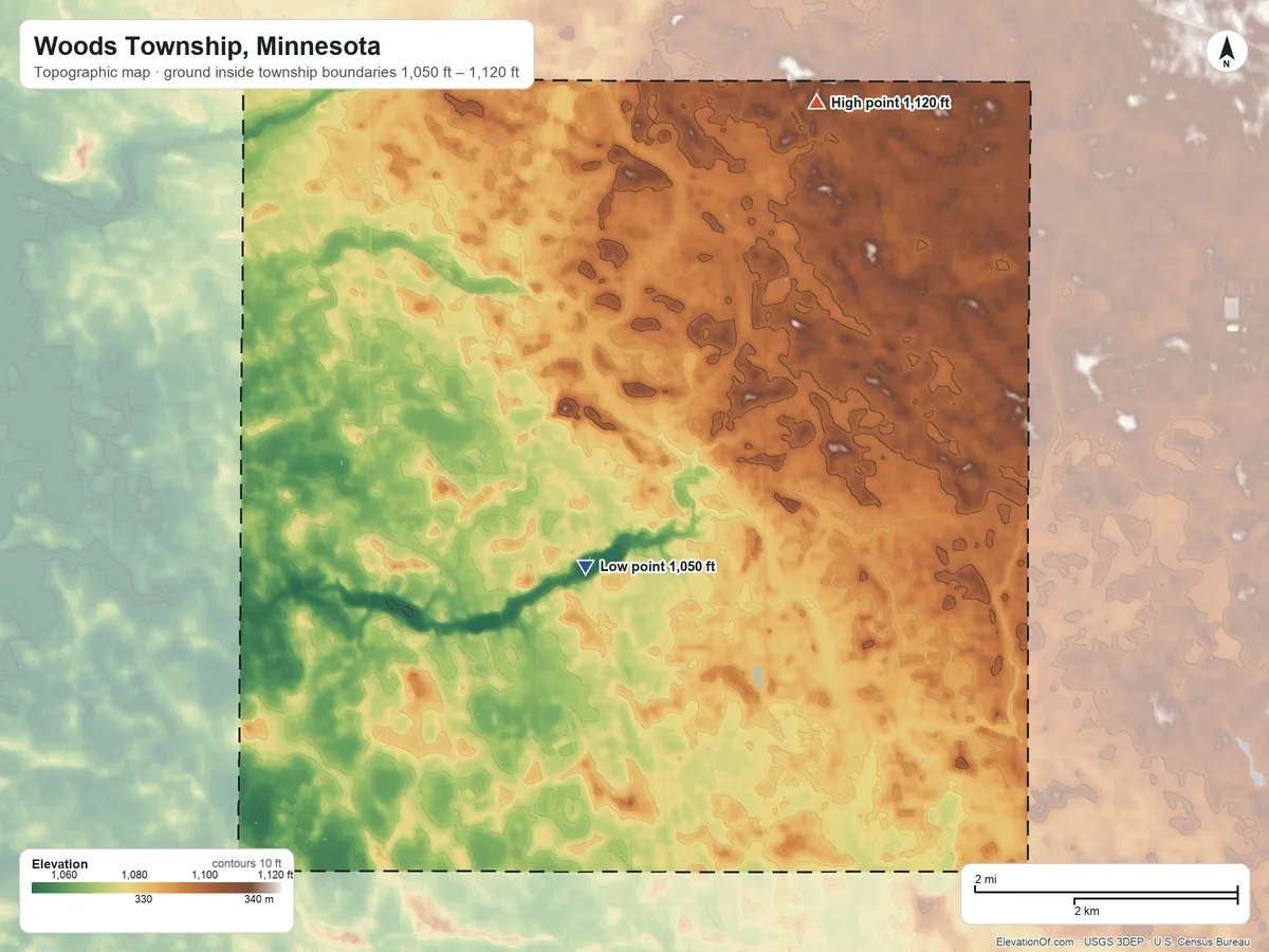 Topographic elevation map of Woods Township, Minnesota, shaded from 1,050 ft near the middle to 1,120 ft on the north side