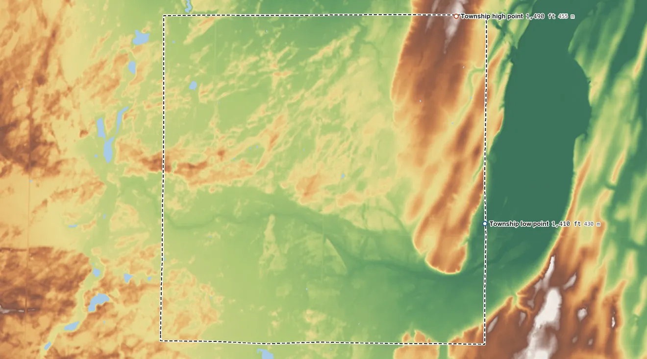 Topographic elevation map of Woodside Township, Otter Tail County, Minnesota, shaded from 1,410 ft on the southeast side to 1,490 ft on the northeast side