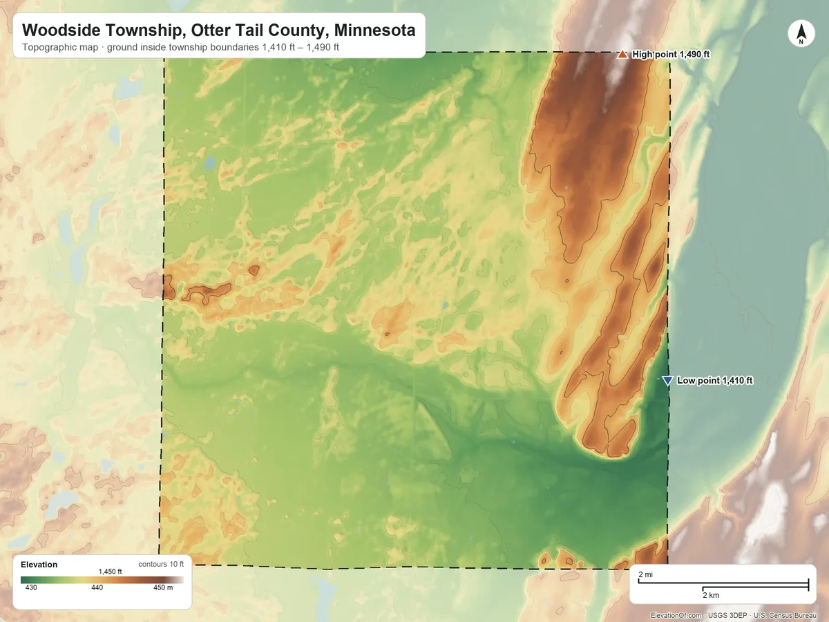 Topographic elevation map of Woodside Township, Otter Tail County, Minnesota, shaded from 1,410 ft on the southeast side to 1,490 ft on the northeast side