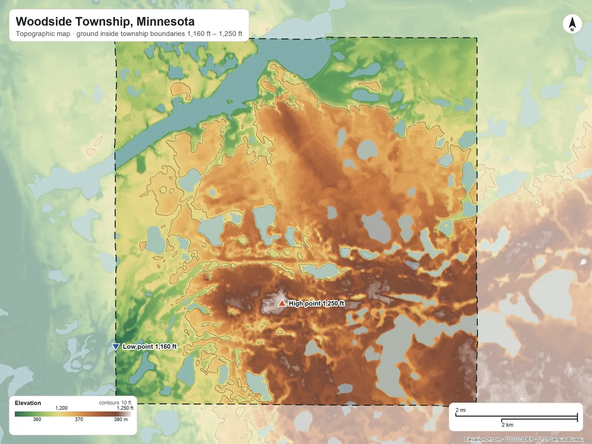 Topographic elevation map of Woodside Township, Minnesota, shaded from 1,160 ft on the southwest side to 1,250 ft near the middle
