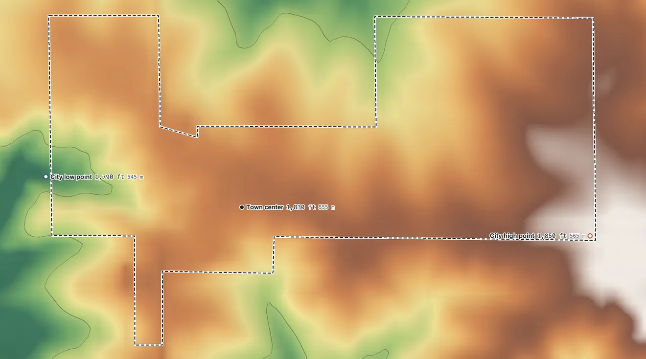 Topographic elevation map of Woodstock, Minnesota, shaded from 1,790 ft on the west side to 1,850 ft on the east side